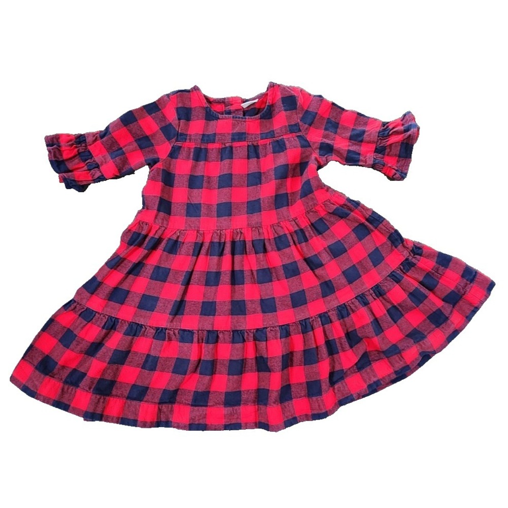 Hanna‎ Andersson Girls Red Navy Buffalo Plaid Tiered Ruffle Sleeve Dress Size 5